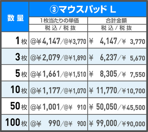マウスパッド L 価格表