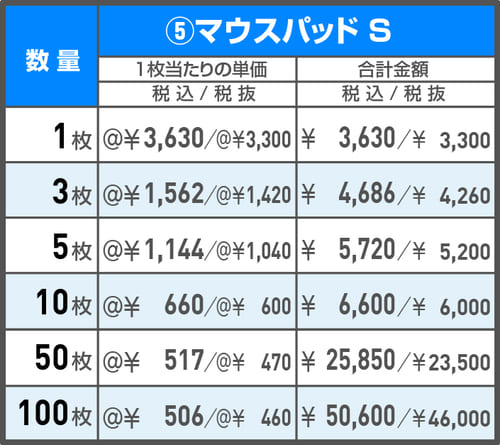 マウスパッド S 価格表